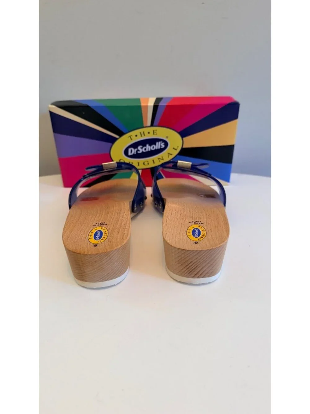Dr Scholls Women Size 8 M Wood Exercise Clog Sandal Blue Vinyl Slide Shoe New